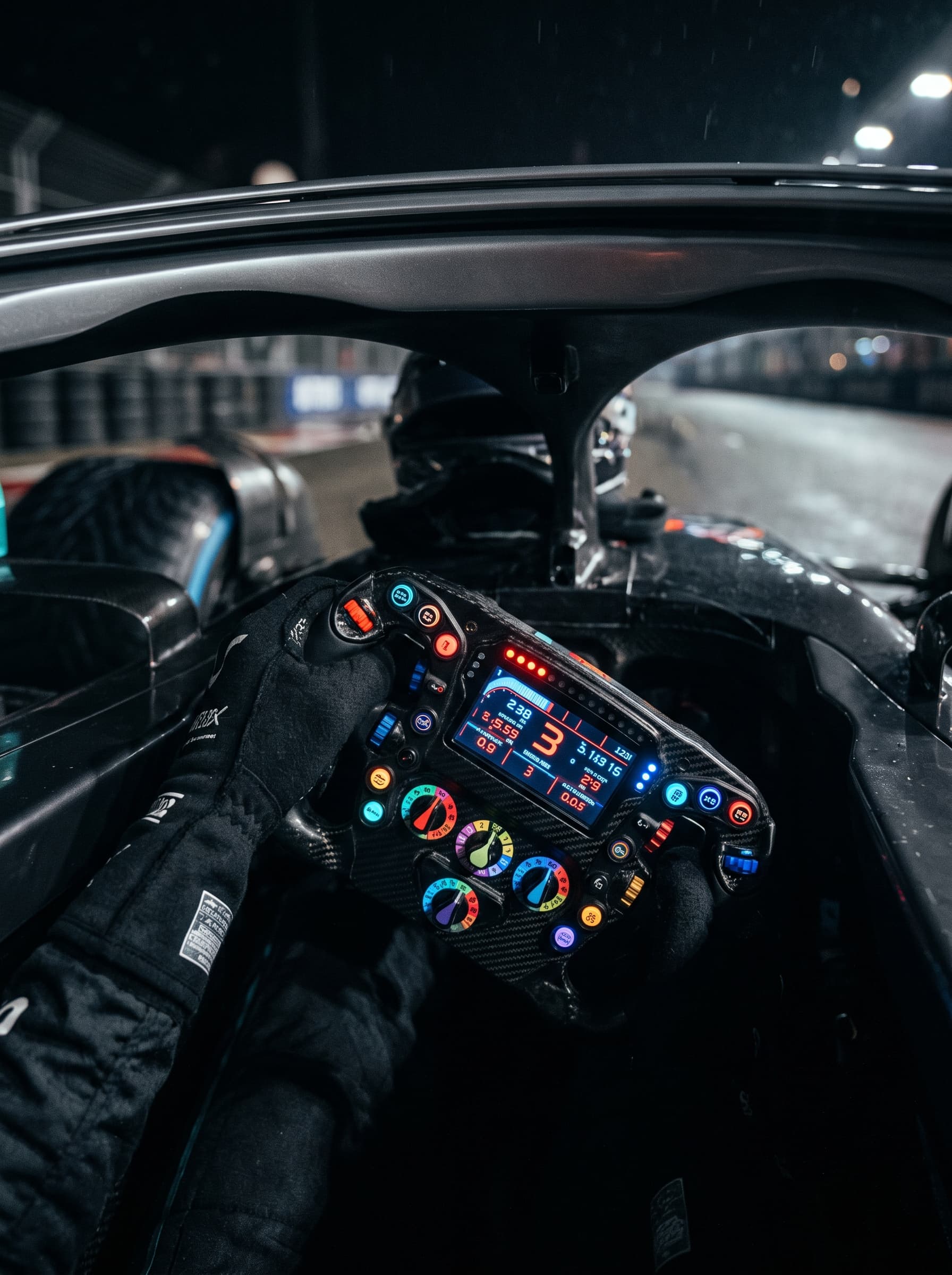 Gloved hands on a carbon fibre Formula 1 steering wheel with a glowing display inside the cockpit