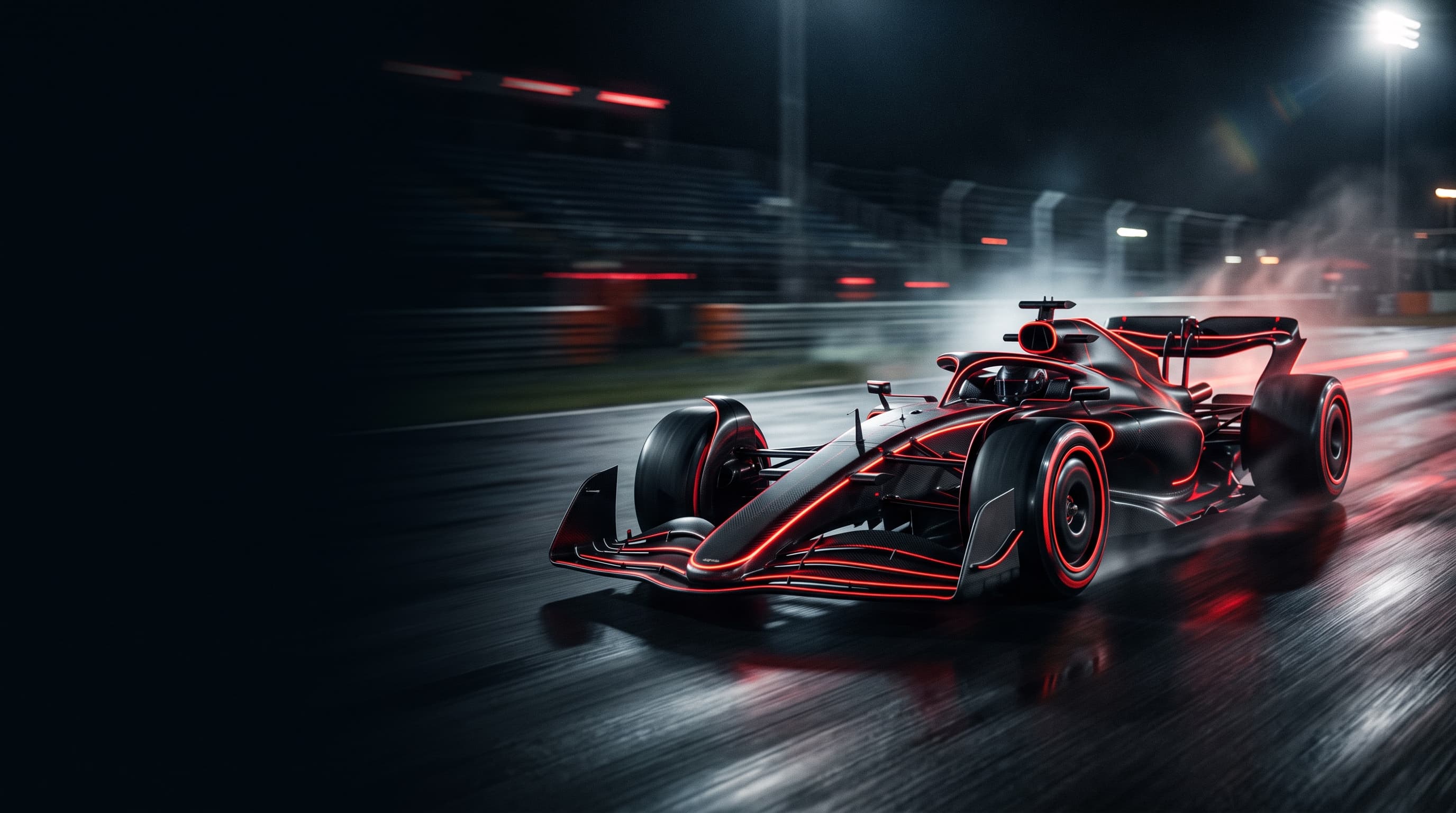 A matte black Formula 1 car with glowing red lines racing on a wet track at night