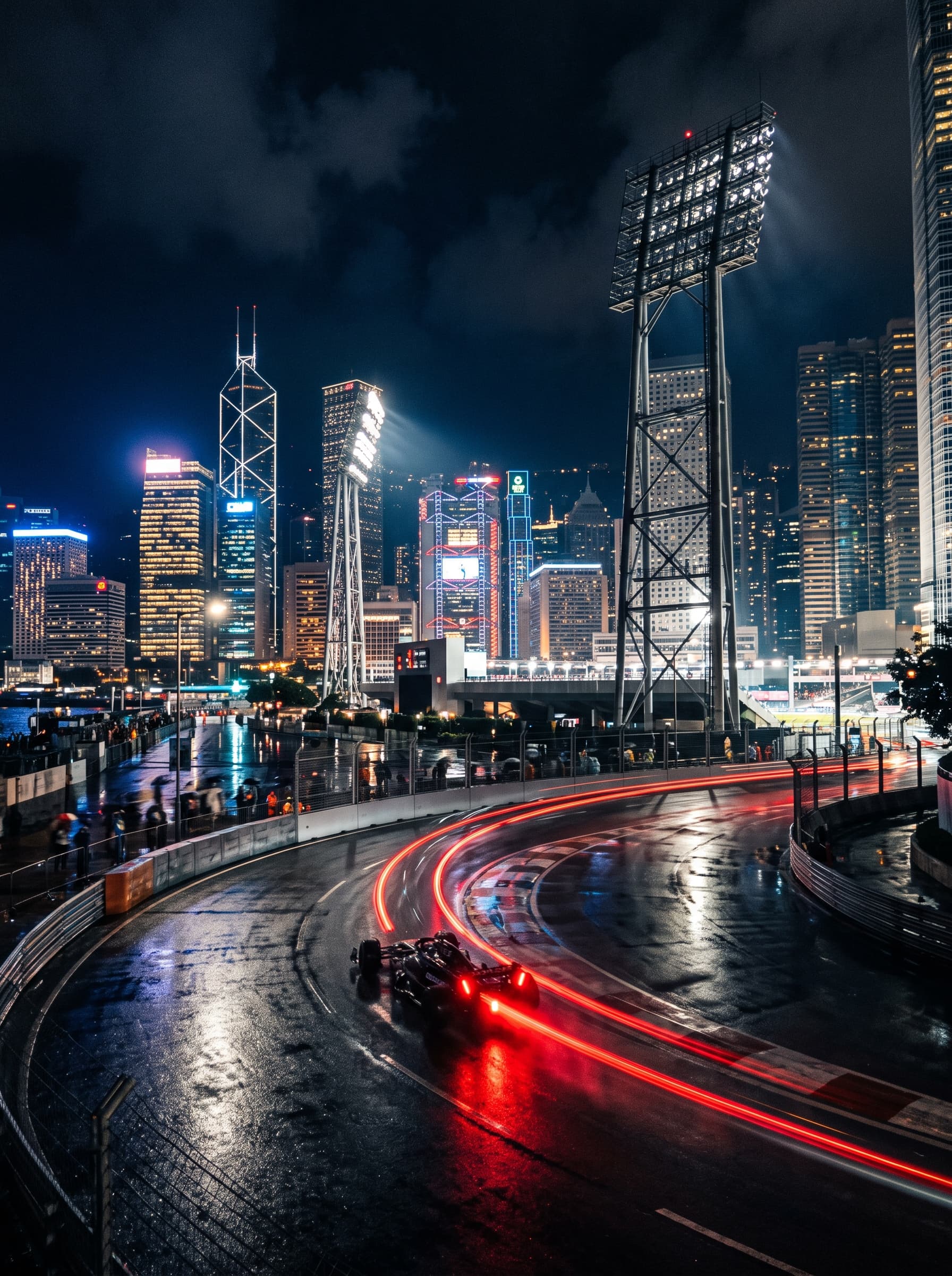 Formula 1 car on a wet night street circuit with city lights and red light trails