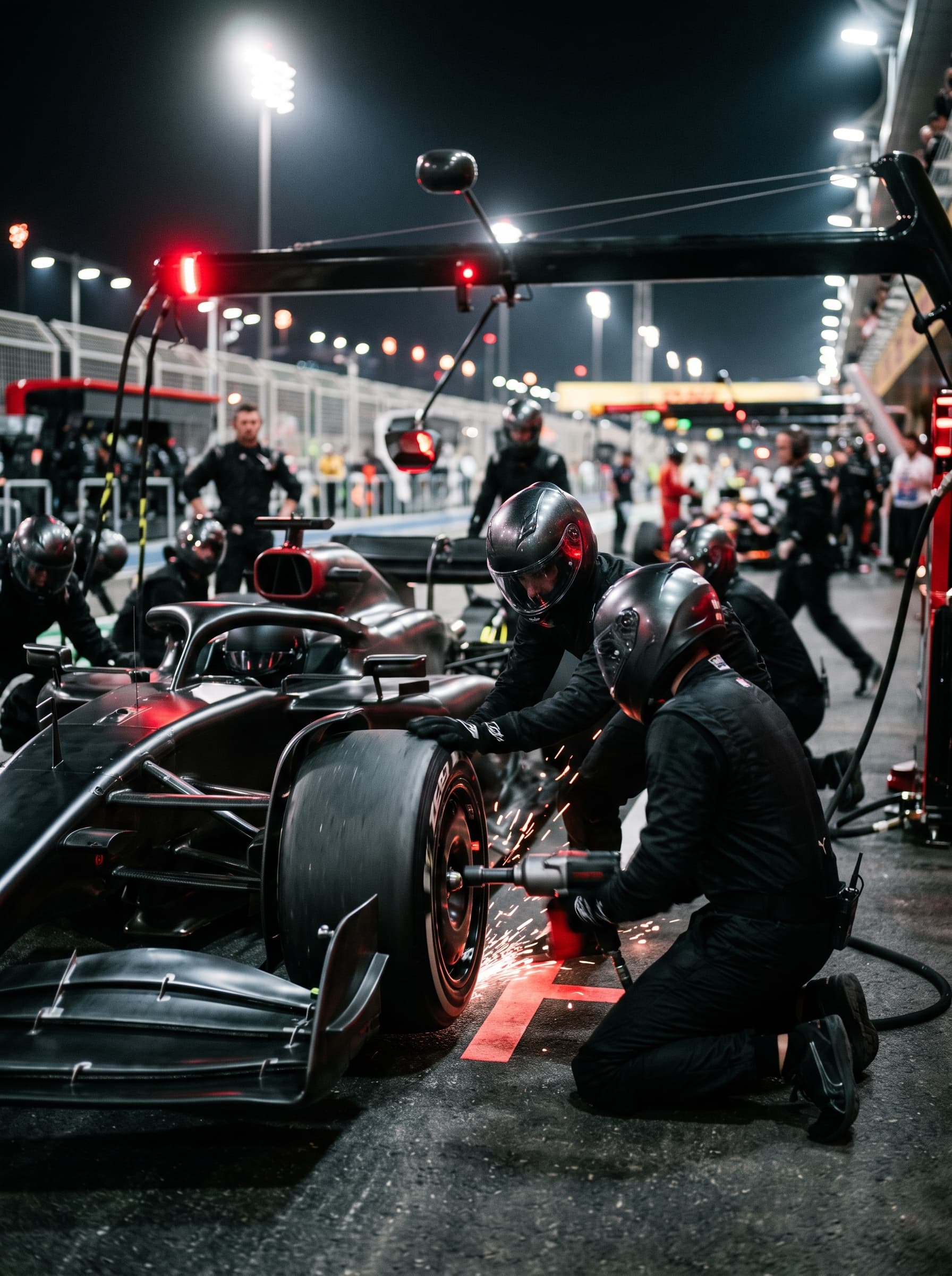Pit crew in black fire suits changing the tyres on a Formula 1 car at night