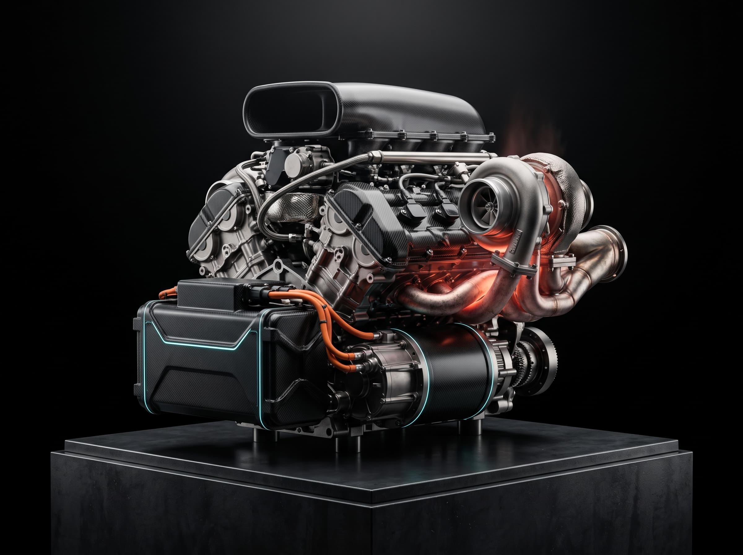 A Formula 1 hybrid power unit with turbocharger, exhaust and battery pack displayed on a black pedestal