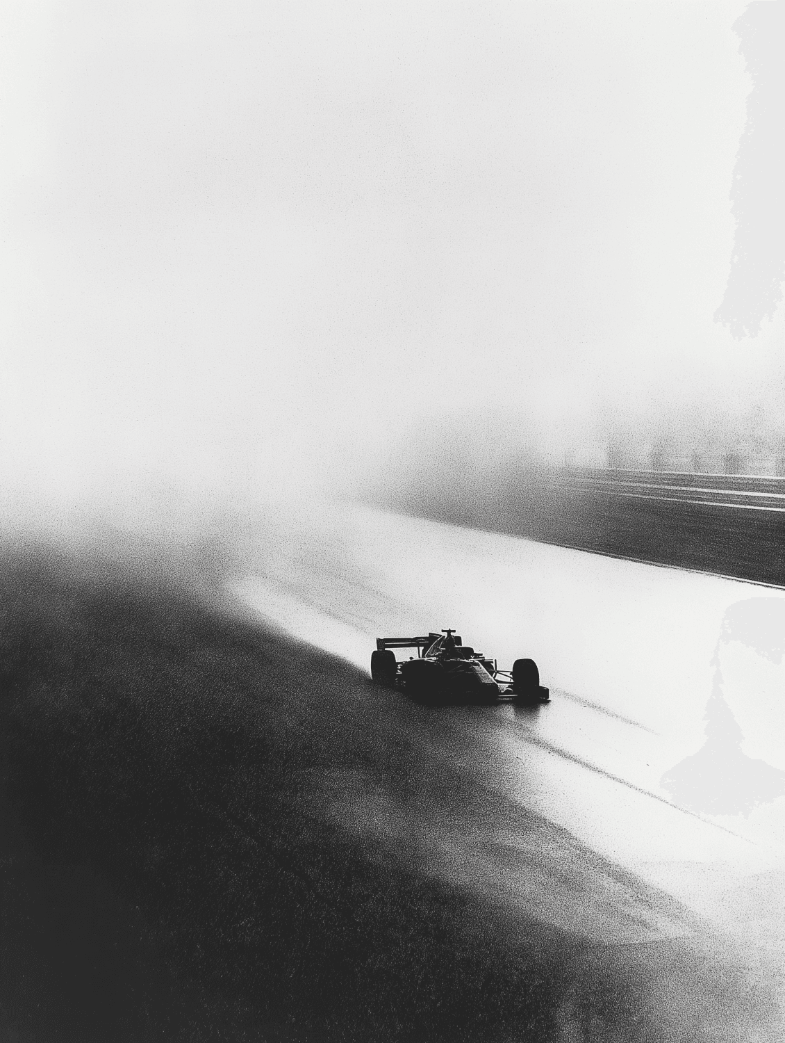 Black and white photograph of a Formula 1 car throwing up spray on a wet track