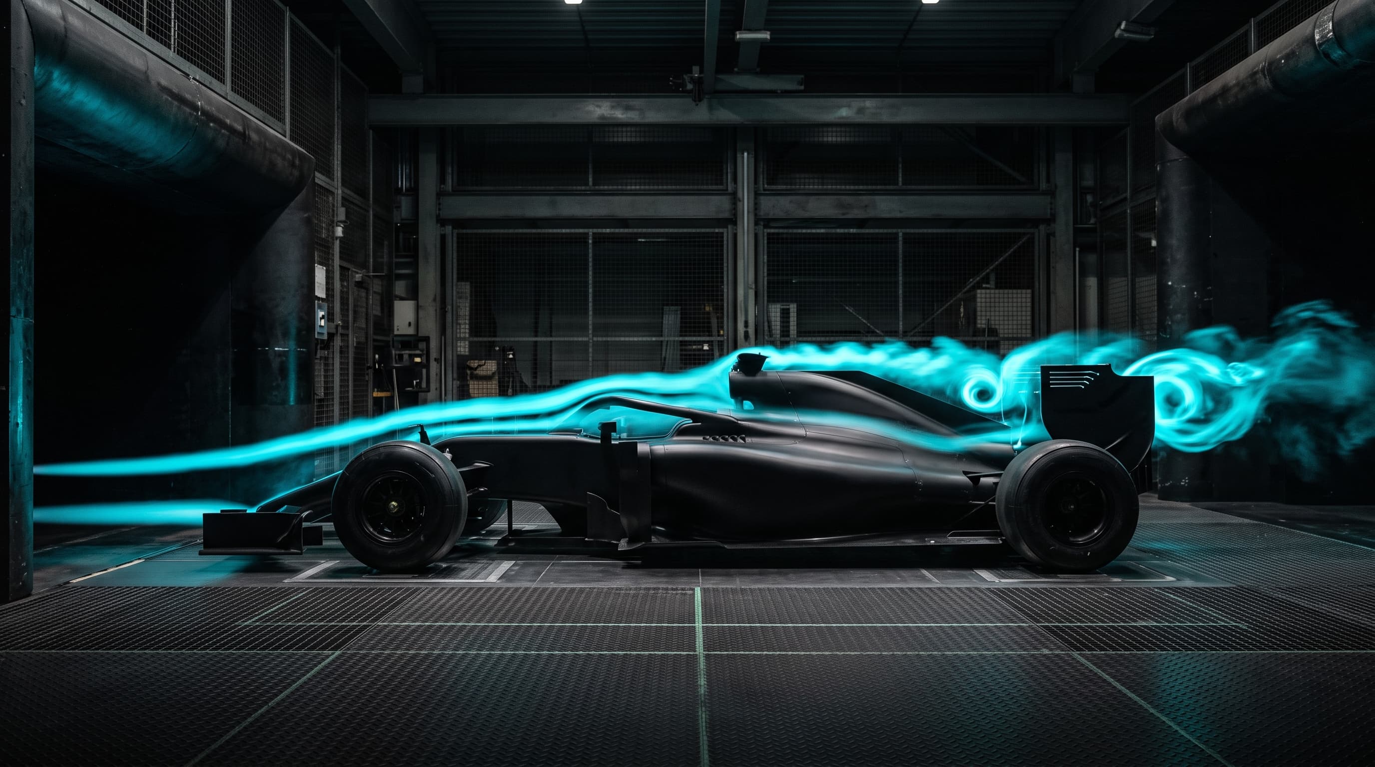 Side view of a matte black Formula 1 car in a wind tunnel with cyan smoke streamlines flowing over its wings